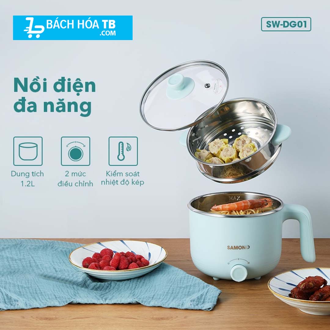 Nồi lẩu điện đa năng SAMONO SW-DG01 dung tích 1.2L có xửng hấp nấu lẩu hấp rau nấu chè tùy thích