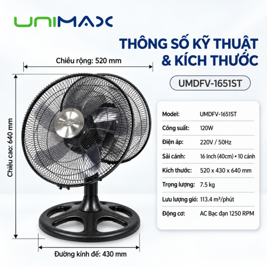Quạt 2 Đầu UNIMAX UMDFV-1651ST 120W Xoay 360&deg;