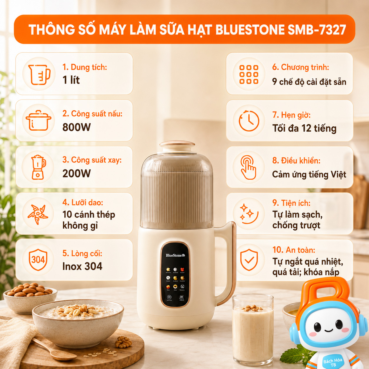 M&aacute;y l&agrave;m sữa hạt đa năng Bluestone SMB-7327 - Th&ocirc;ng số kĩ thuật